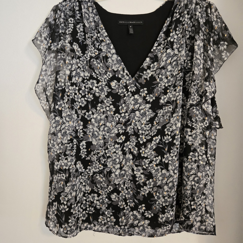 WHBM Black and Gray Floral Blouse - Picture 1 of 6